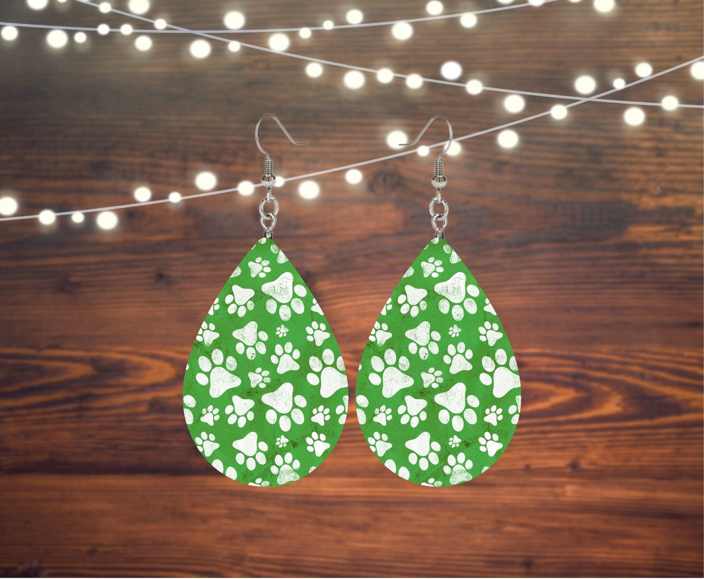 Green Paw Print Dog Cat Tear Drop Earrings