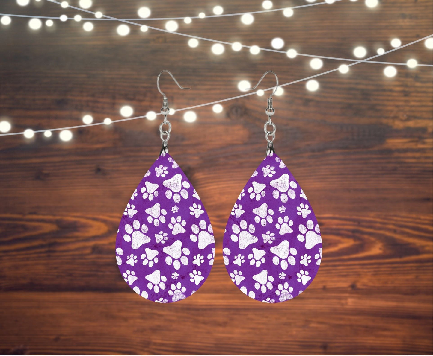 Purple Paw Print Dog Cat Tear Drop Earrings