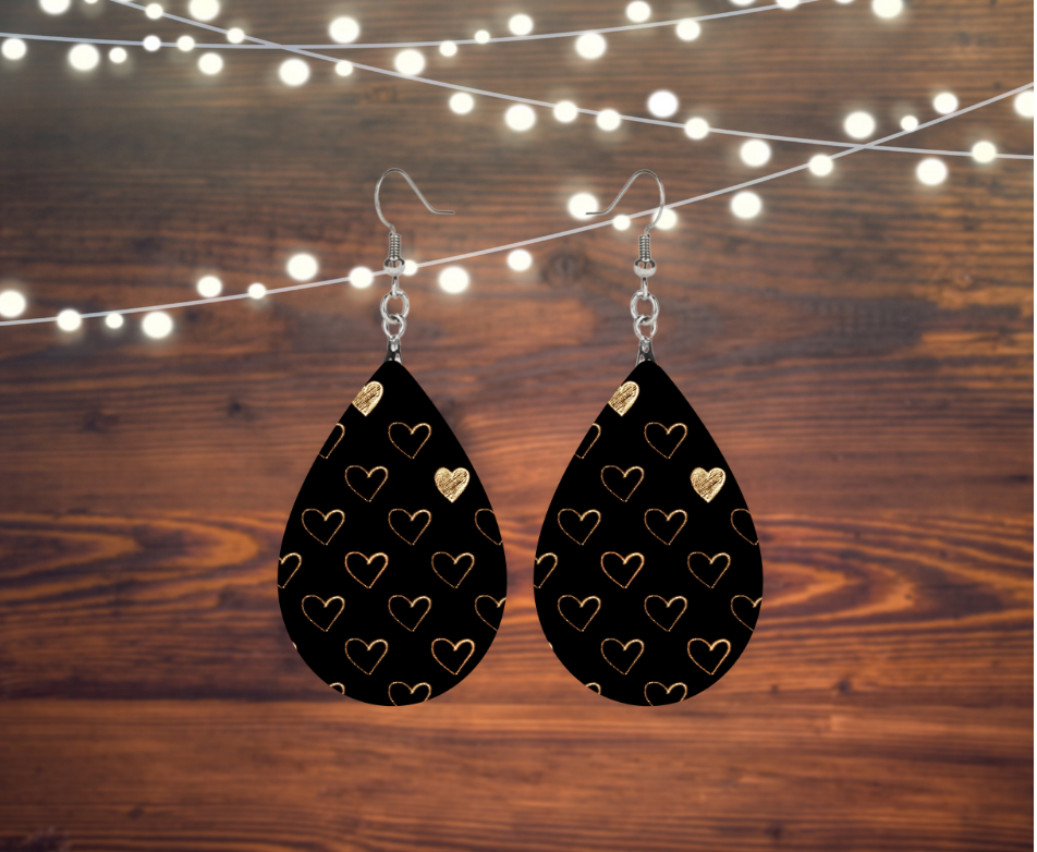 Valentine Black Gold Heart Tear Drop Earrings