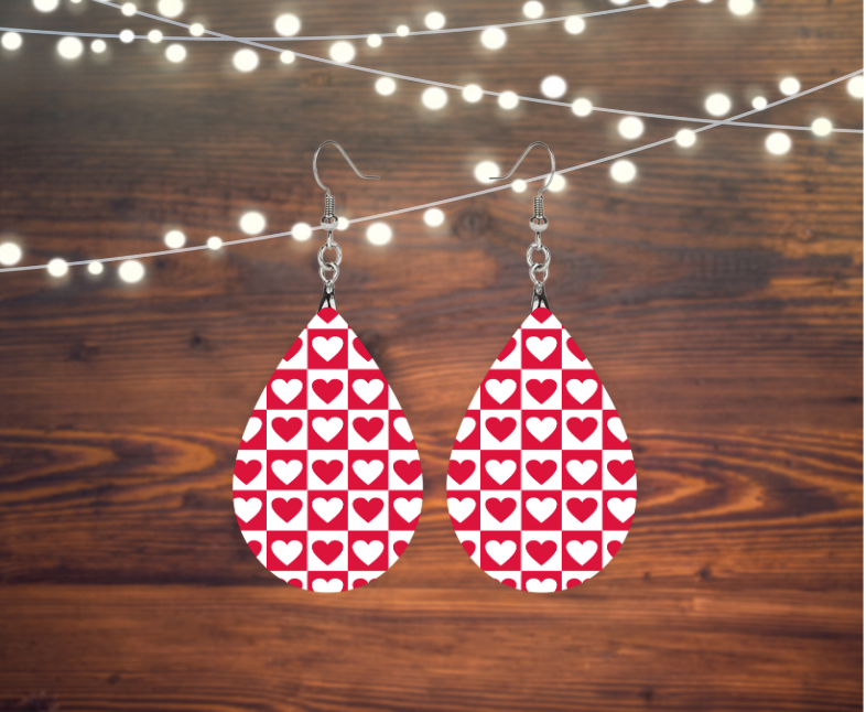 Valentine Red White Heart Tear Drop Earrings
