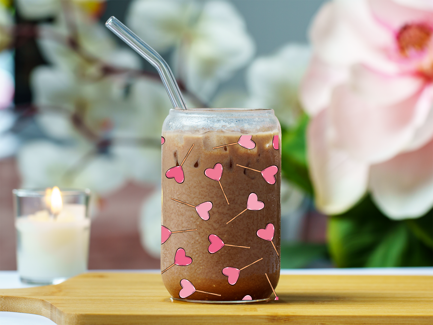 Valentine Glass Heart Sucker Tumbler 18 oz